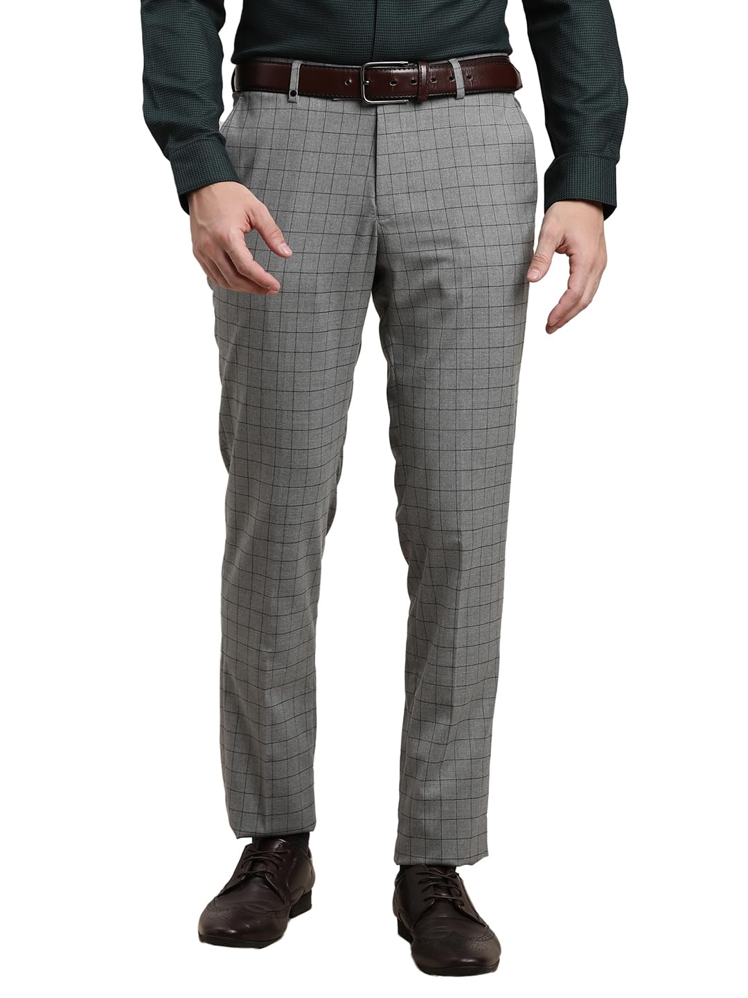 Turtle Men Grey Slim Fit Checkered Flat Front Polyviscose Stretch Flat Front Formal Trouser || Pant || Men's Trouser