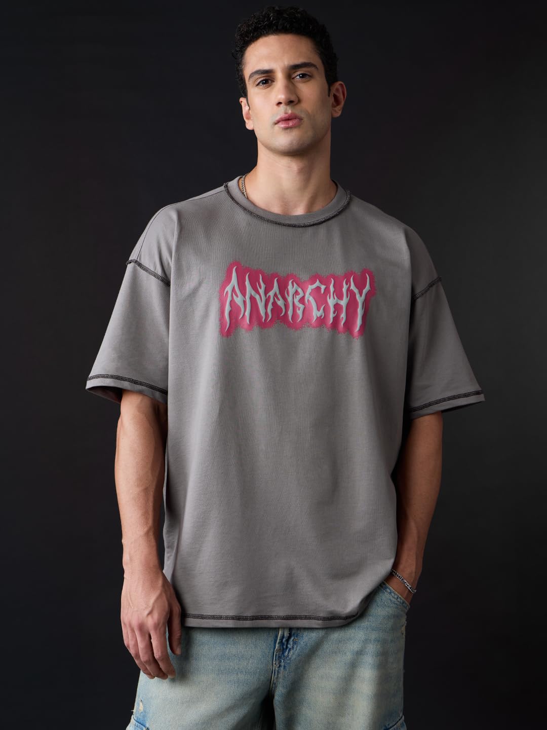 The Souled Store Joker: Anarchy Men and Boys Short Sleeves Round Neck Grey Graphic Printed Cotton Oversized T-Shirts
