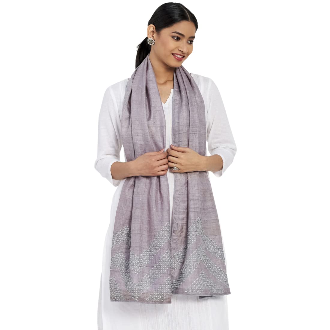 Fabindia Women Hand Embroidered Contrast Trim Silk Stole Hut_Freesize