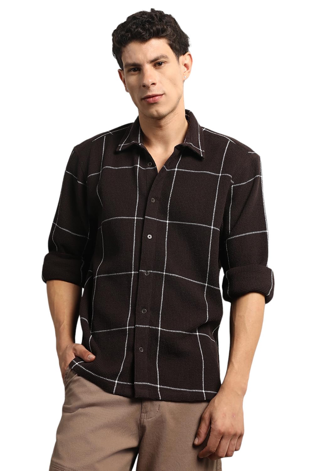 Hubberholme Men Summer Cotton Spread Collar Long Sleeves Oversized Casual Shirt 37 Brown