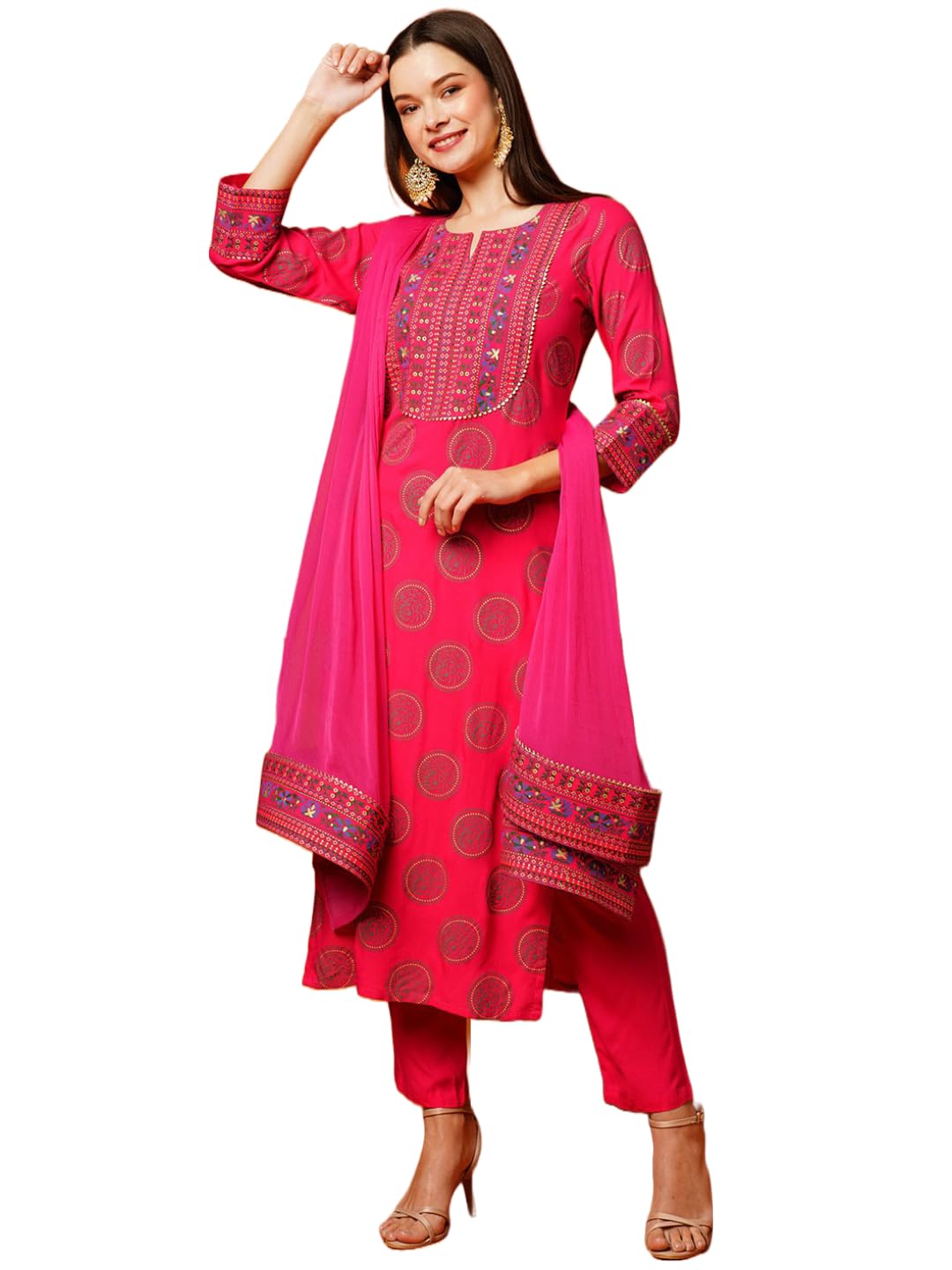 Gosriki WomenS Cotton Blend Printed Straight Kurta With Pant & Dupatta (Nov-Pink-Nw-Gs_L_Pink_Large)
