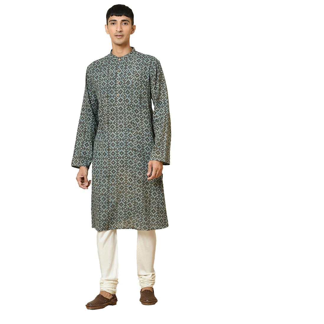 Fabindia MenS Cotton Printed Slim Fit Kurta (1007170Blue_Blue And Grey