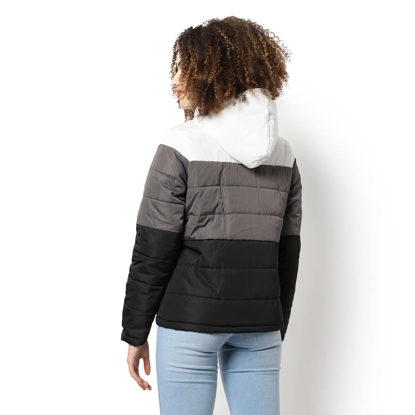 Campus Sutra Women Grey & Black Colour-Blocked Puffer Regular Fit Bomber Jacket For Winter Wear | Standing Collar | Full Sleeve