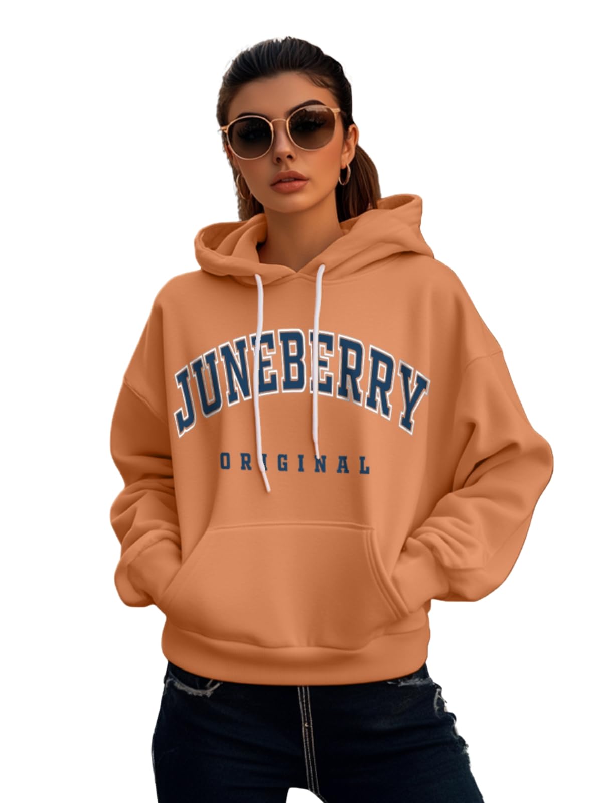 Juneberry Fleece Oversized Baggy Fit Hooded Sweatshirt Drop Shoulder Typographic Logo Printed Full Sleeve Hoodie For Women (Os_H