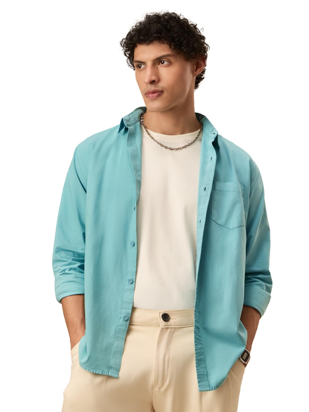 The Souled Store Essential Line: Supima Shirt Men and Boys Full Sleeves Semi-Spread Collar Solid Cotton Regular Fit Lightweight