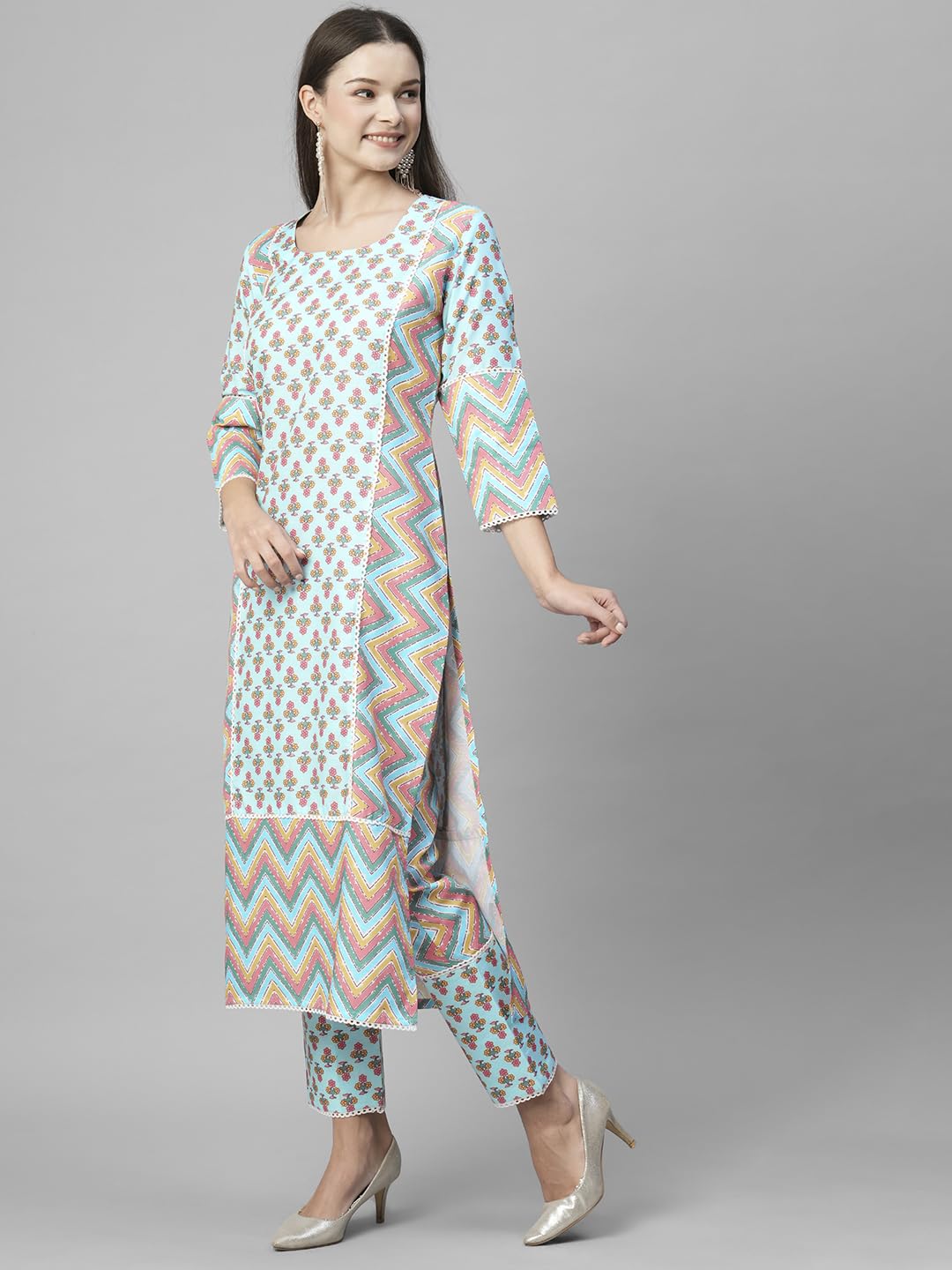ANNI DESIGNER Women's Cotton Blend Printed Straight Kurta with Pant (RCB-See-Green-NW)