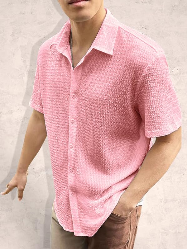 Pinkmint Popcorn Shirt for Men Soild Slim Fit Sleeve Spread Collar Trendy Men Shirt Summer Wear Goa Wear Aqua Blue