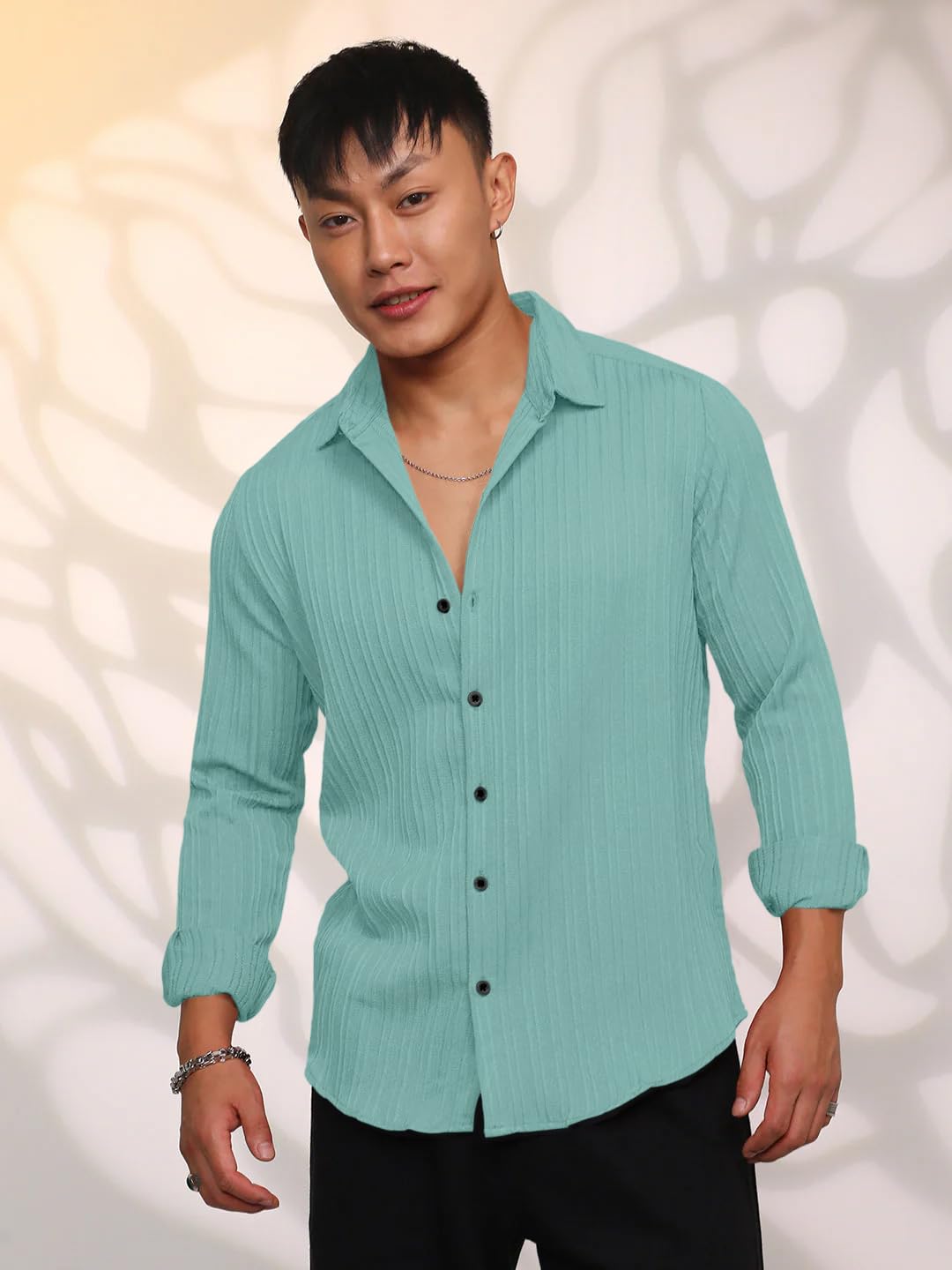 Finivo Fashion MenS Casual Cotton Striped Button Down Shirts Long Sleeve Textured Summer Beach Shirt For Men Turquoise
