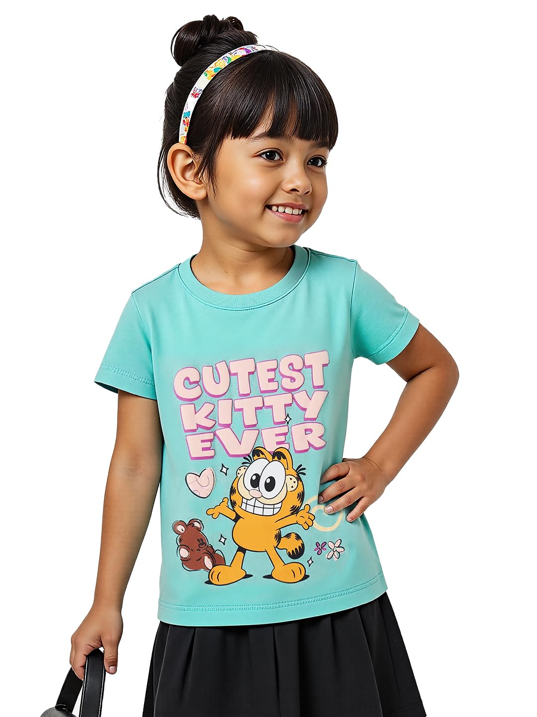 The Souled Store Official Garfield : Cutest Kitty Girls Short Sleeves Round Neck Graphic Printed Regular Fit Cotton T-Shirts Blu