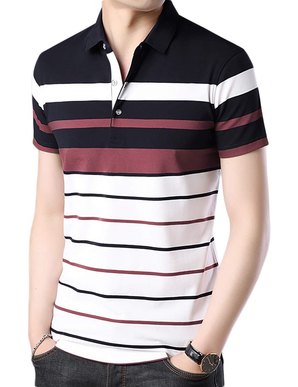 Eyebogler Mens Cotton Blend Casual Polo Neck Half Sleeve Regular Fit Striped Printed Tshirt,Men Best Tshirt, Polo Styles