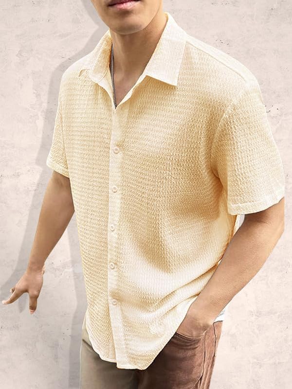 Tee Projekt Mens Popcorn Shirt Texture Pattern Mens Casual Shirt Half Sleeves Goa Beach Summer Shirt Beige