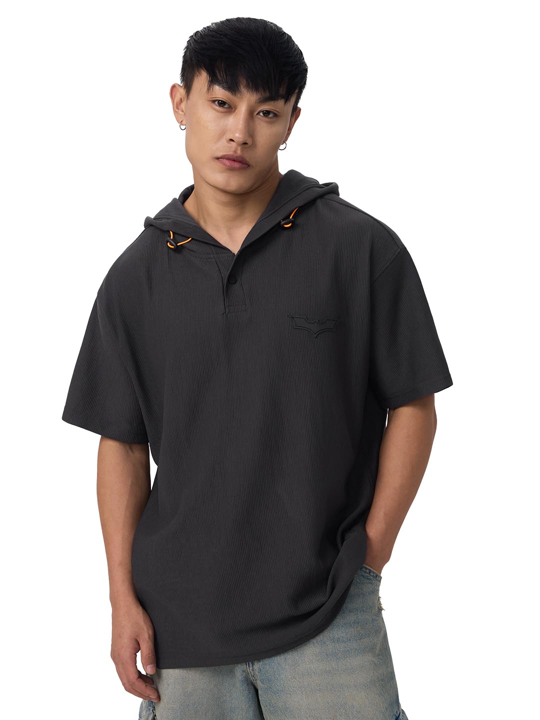The Souled Store Batman: Logo Men and Boys Short Sleeves Cotton Oversized Hooded T-Shirts Grey