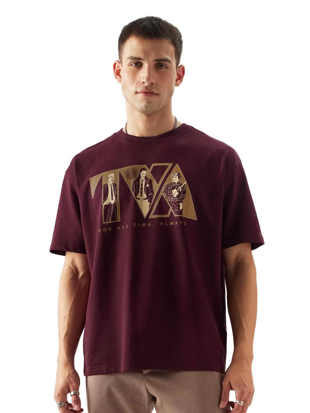The Souled Store Official Loki: Time Variance Authority Men and Boys Oversize Fit Half Sleeve Graphic Printed Cotton Maroon Colo