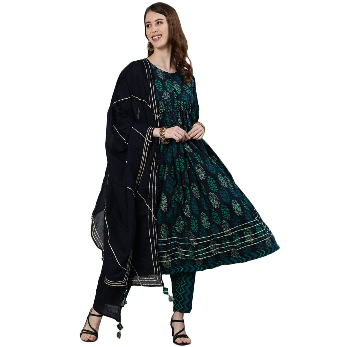 Ishin WomenS Navy Blue Gotta Patti Anarkali Kurta Set With Trouser And Dupatta