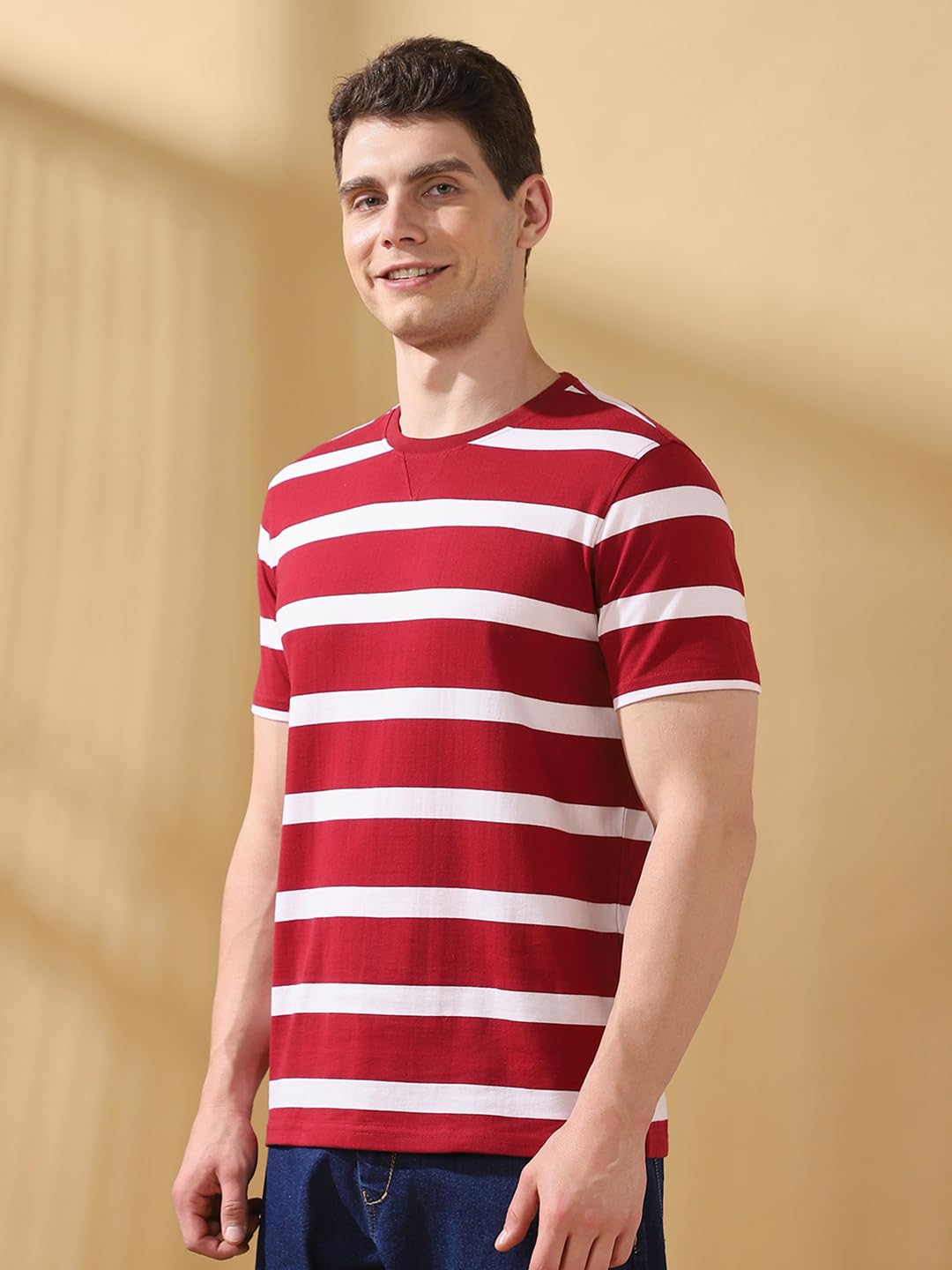 Dennis Lingo Cabernet Stripes Round Neck Half Sleeves Regular Fit T-Shirts For Men