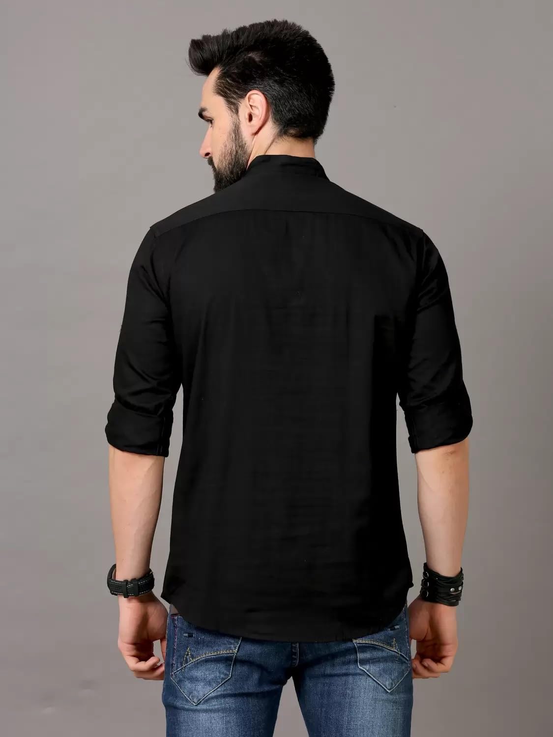 Deemoon MenS Regular Fit Solid Spread Collar Casual Shirt With A Trendy Mandarin Collar Crafted From A Premium Cotton Blend Bla