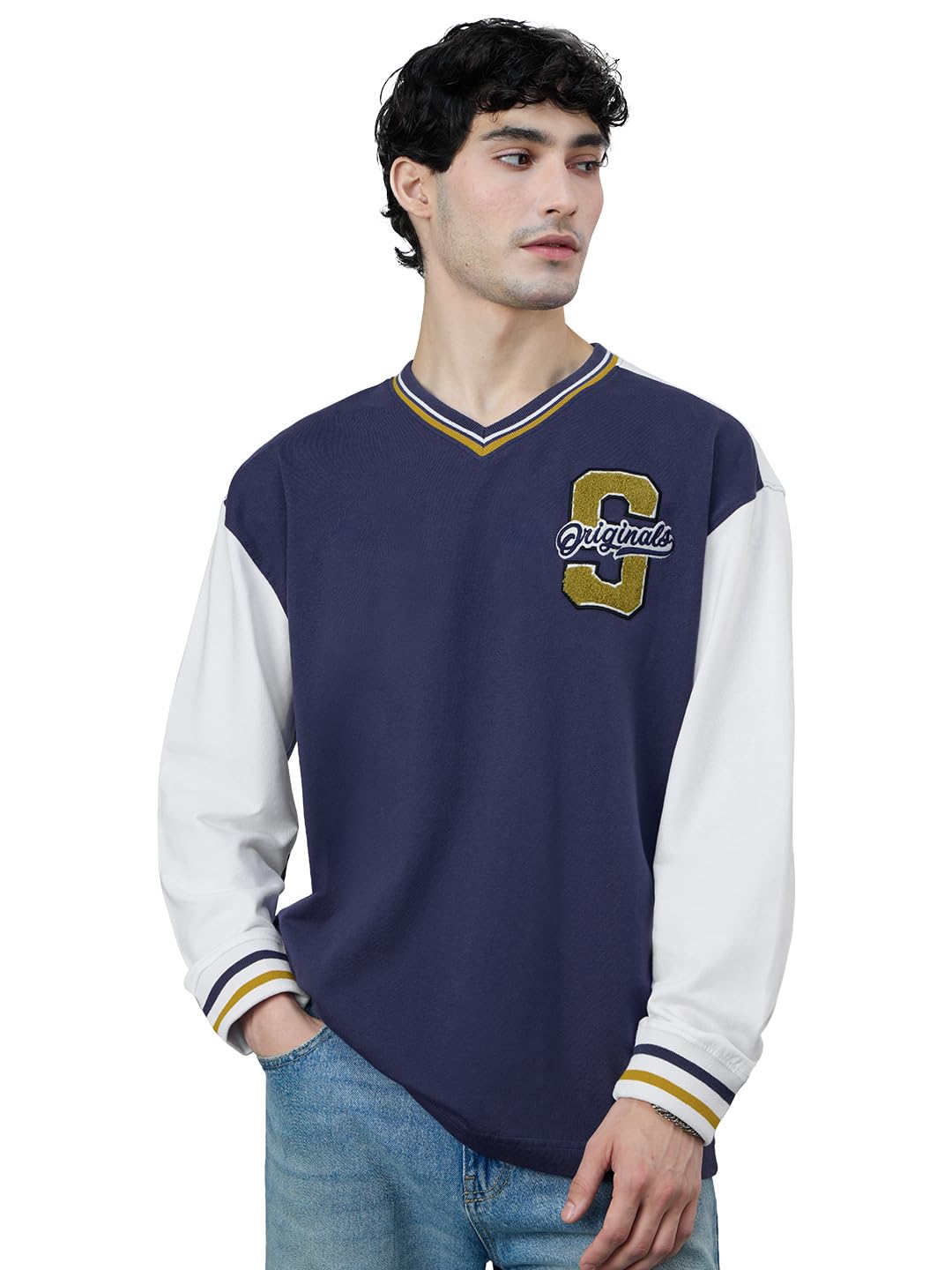 The Souled Store Varsity Style: Blue League Men and Boys Full Sleeves Round Neck Navy Blue and Off White Embroidered Cotton Over