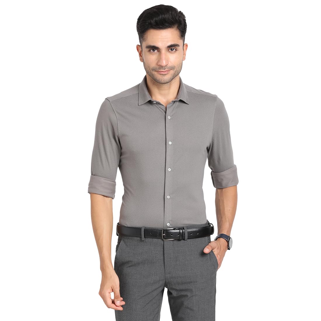 Turtle Cotton Grey Printed Slim Fit Full Sleeve Formal Shirt