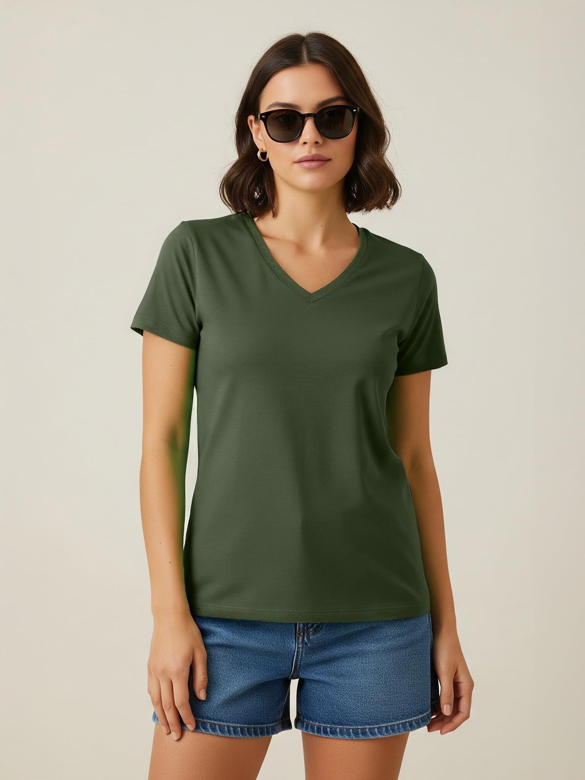 Juneberry Women Solid V Neck Pure Cotton T-Shirt