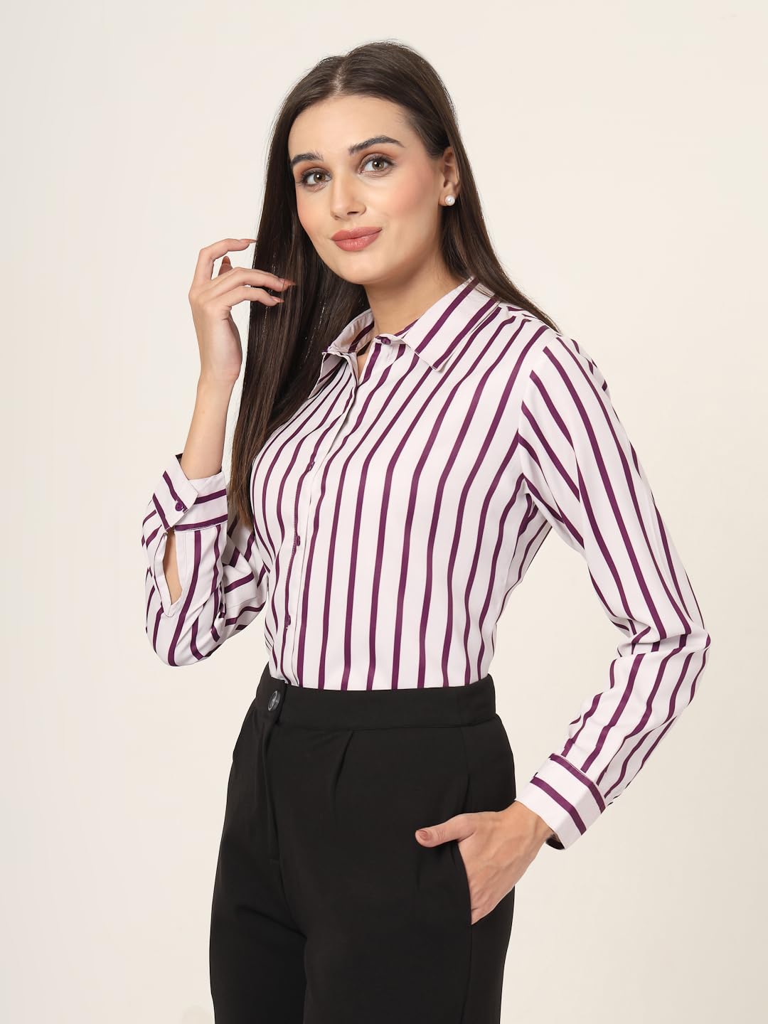 Style Quotient Women Magenta and Off White Stripe Printed Polyester Regular Fit Formal Shirt