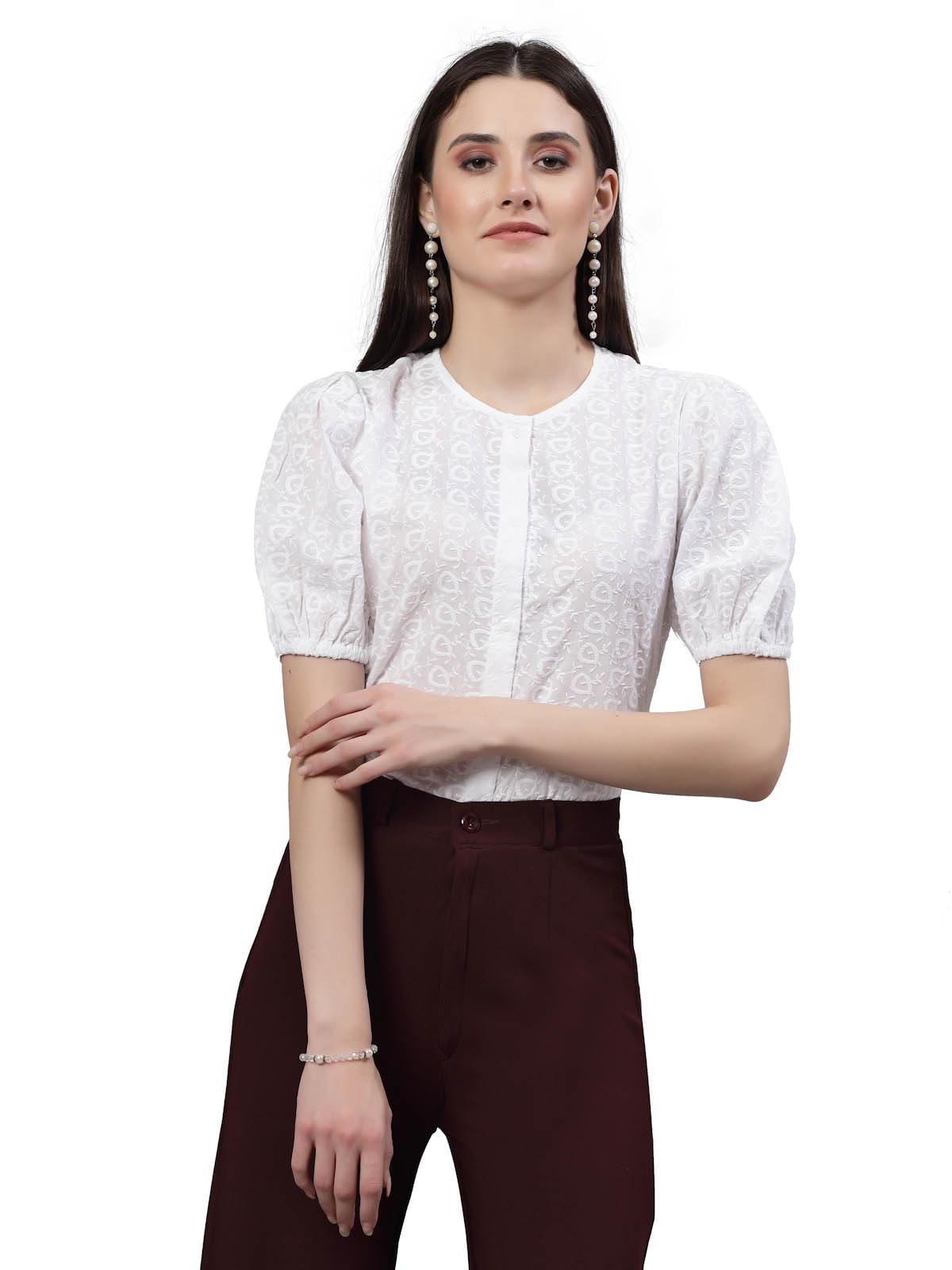 Style Quotient Women White Smart Round Neck Button Down Top