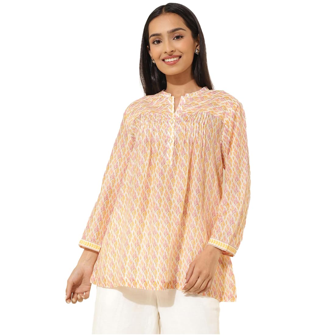 Fabindia WomenS Printed Regular Fit Tunic (1035731Natural- Natural-Yellow