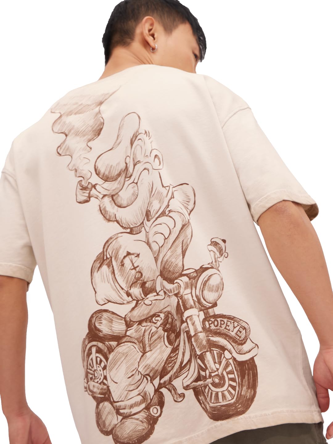 The Souled Store Official Popeye Originals: Biker Sketch Oversized T-Shirt for Men Boys Cotton Casual Half Sleeves Baggy Loose F