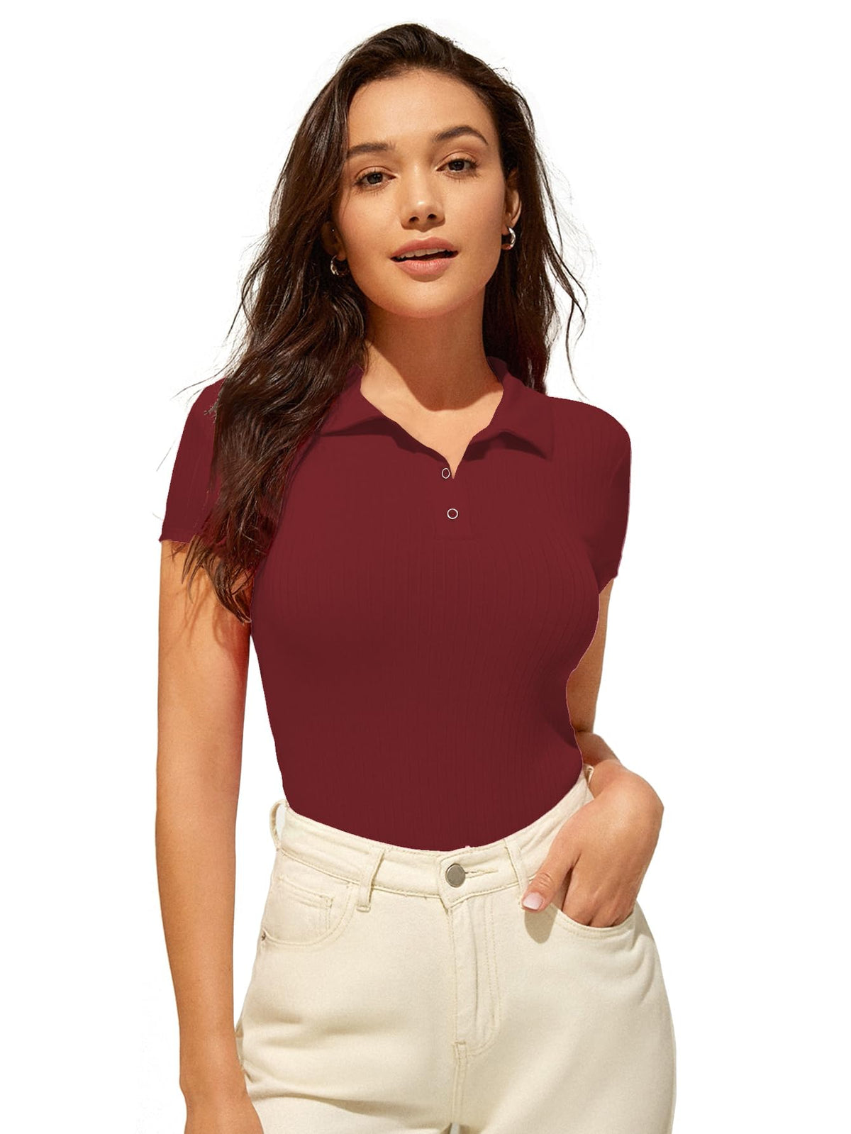 AVANOVA Slim Fit Western for Womens Ruched Solid Tunic Top_Maroon
