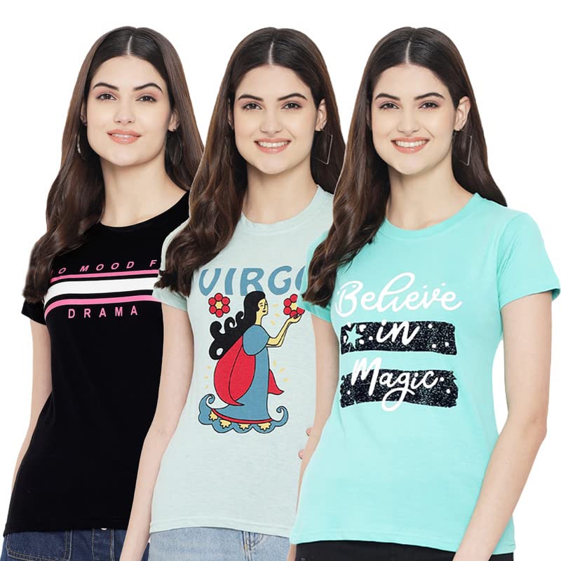 Preneum Womens Cotton Regular Fit Latest Graphic Stylish Printed Short Sleeves Casual T-Shirt || Latest Trending Style (Pack 3)