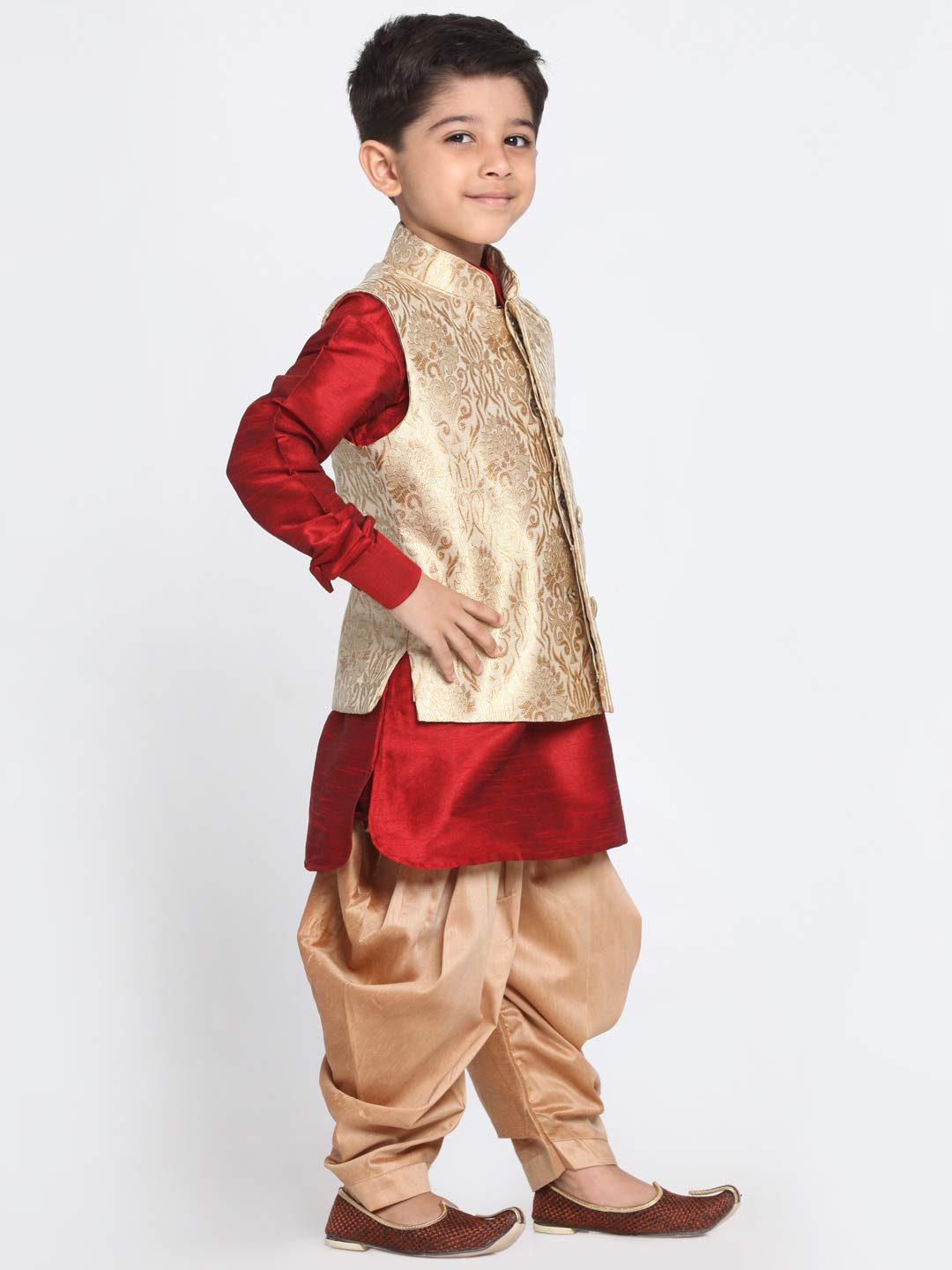 Vastramay Banarasi Brocade Woven Jacquard Nehru/Modi Jacket With Silk Pathani Kurta & Dhoti Pant Set Traditional Ethnic Wear Fo