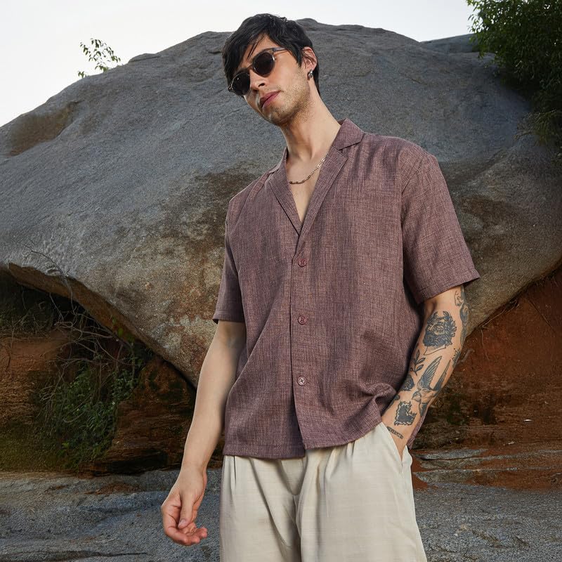 Campus Sutra Mens Brown Stone Heathered Korean Oversized Shirt for Casual Wear | Lapel Collar | Short Sleeve | Button Closure |