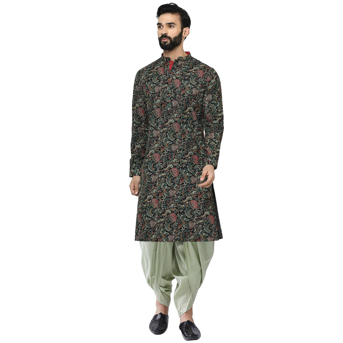 Kisah MenS Black Printed Cotton Kurta & Sage Green Dhoti Set Ethnic Indian Wear For Weddings, Festivals & Everyday Comfort