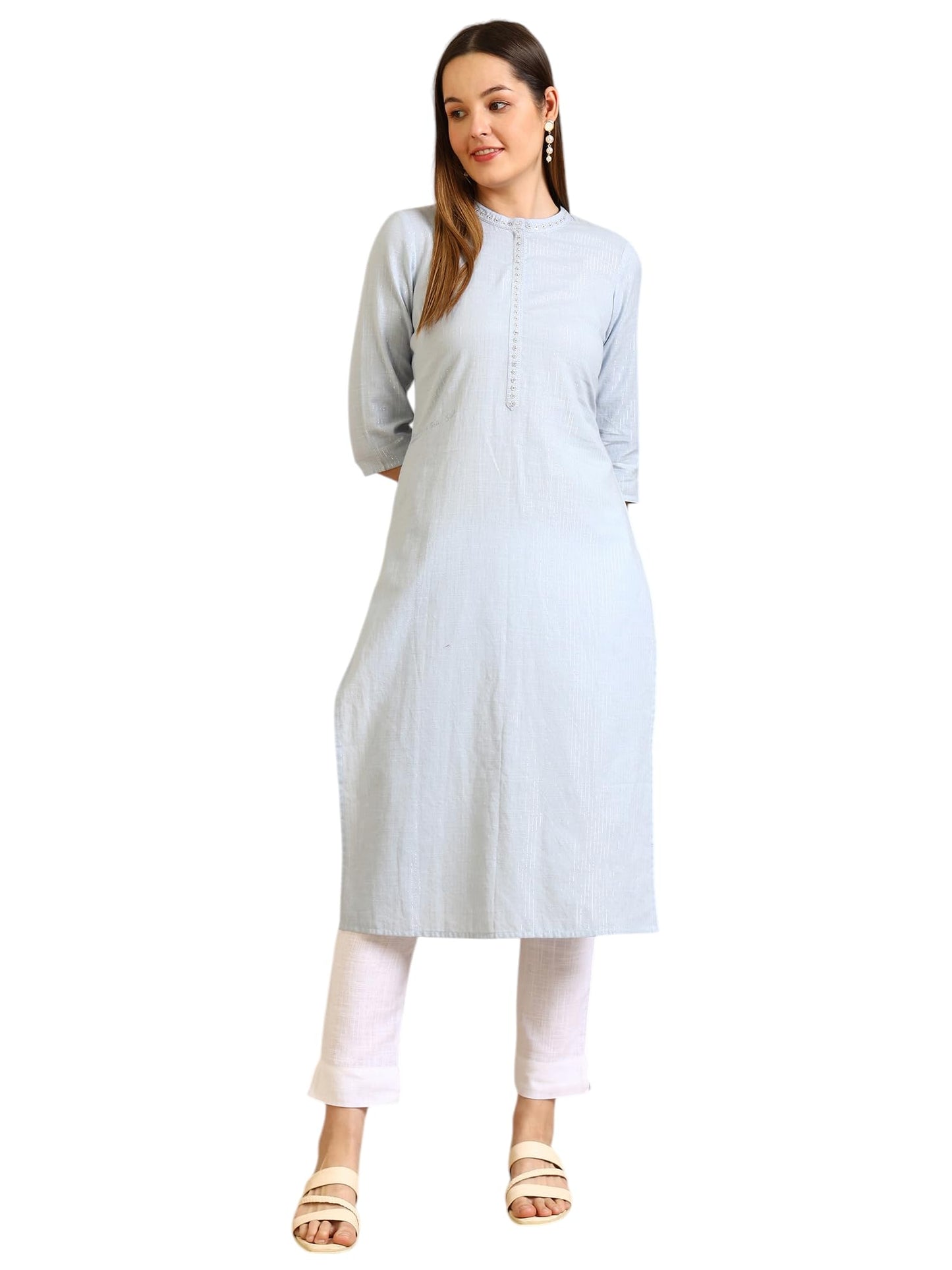 Aurelia Women'S Dusty Blue Embroidered Cotton Lurex Straight Kurta (Size: Xl)-A15796-704238