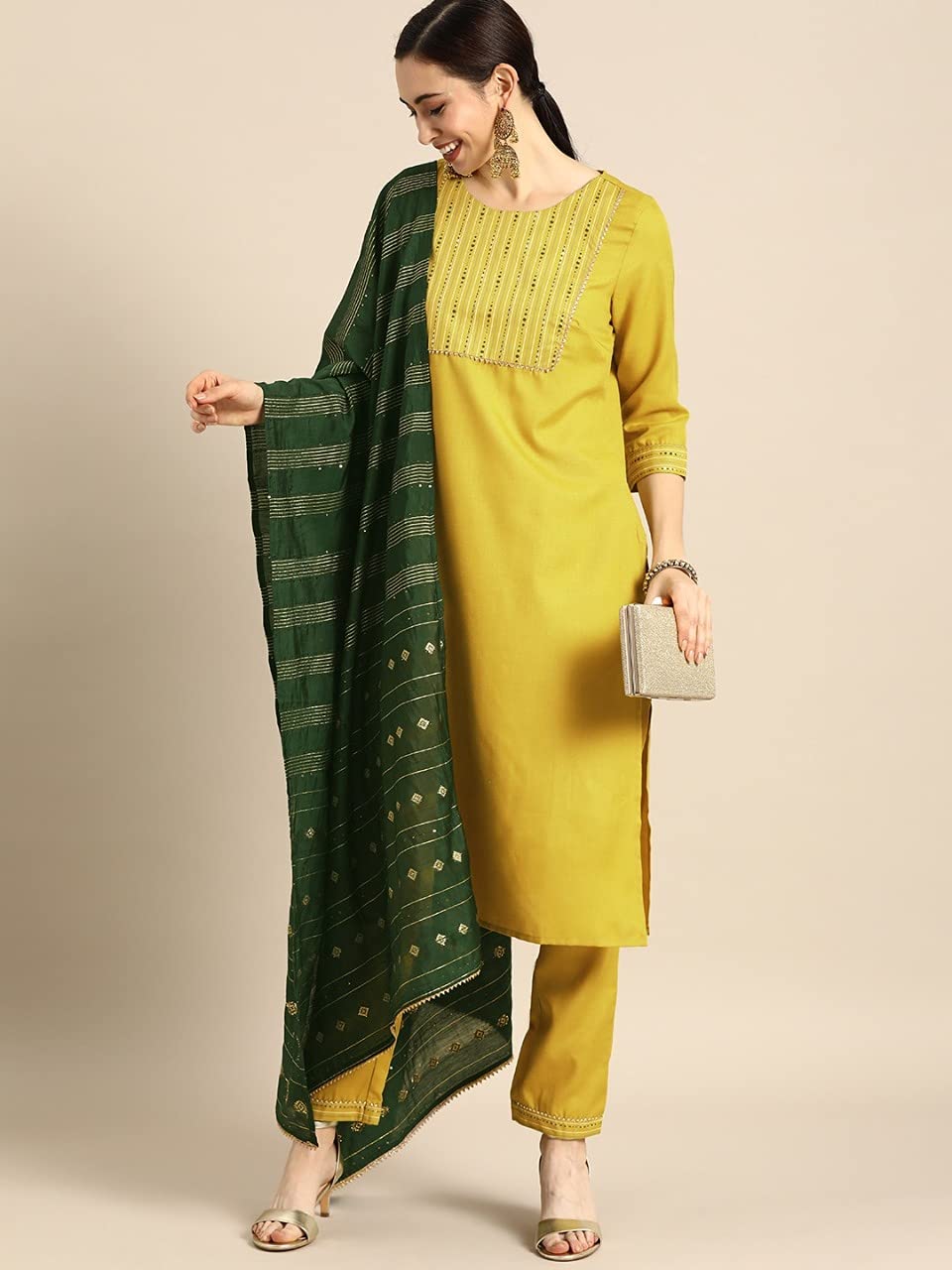 GoSriKi Women's Ruby Cotton Straight Solid Kurta with Palazzo & Dupatta (SURAT Mehandi-GO)