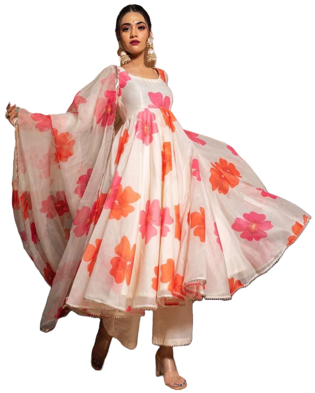 Gosriki WomenS Chanderi Cotton Flowers Printed Anarkali Kurta And Pant With Dupatta Set (Anarkali-White_L-Gs_White_Large)