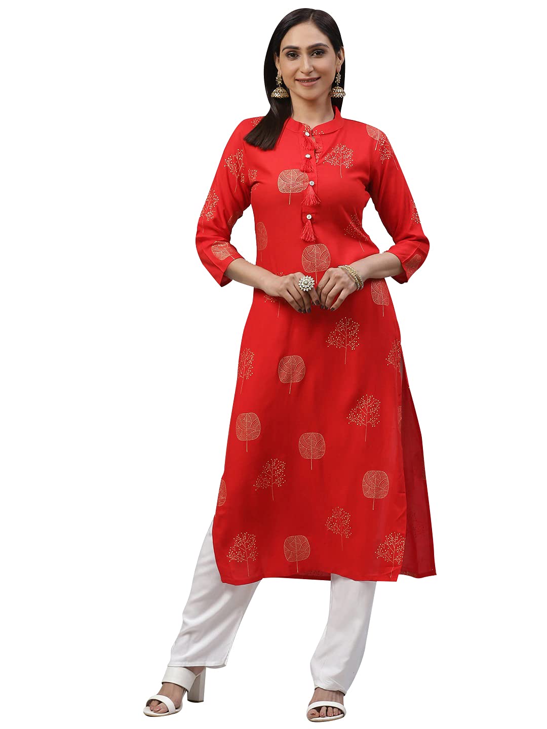 ANNI DESIGNER Womens Rayon Printed Straight Kurta with Palazzo (PAN FLOWER-02-RED_XXL)