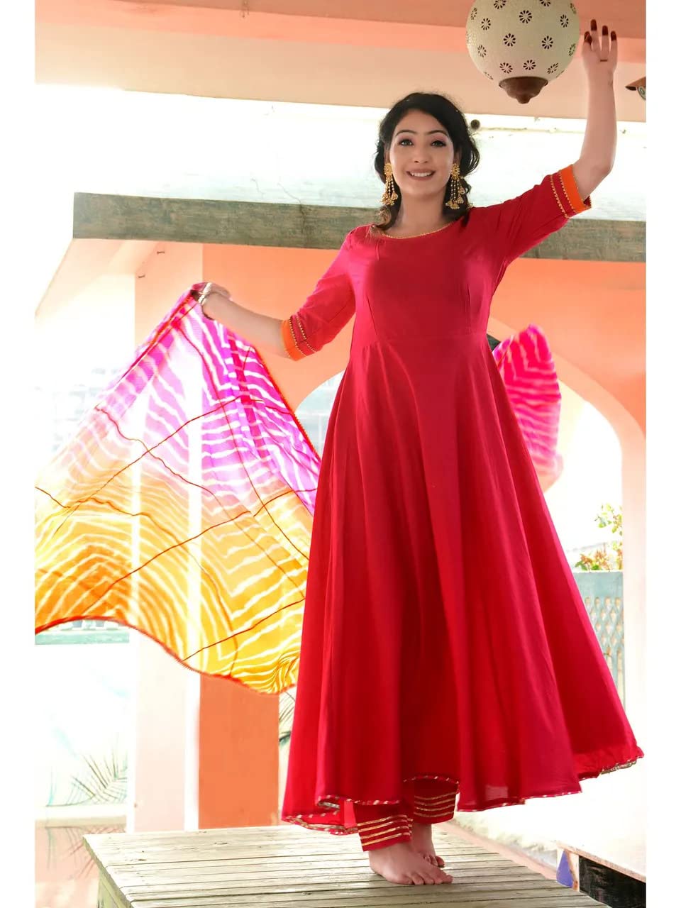 GoSriKi Women's Cotton Blend Anarkali Solid Kurta with Pant & Dupatta (Rangin-GO)
