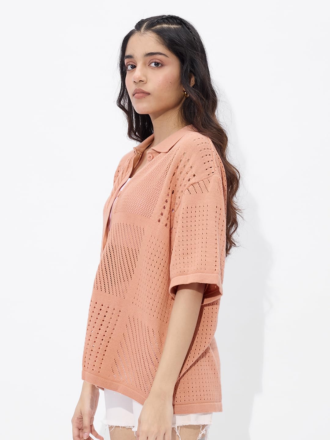 The Souled Store Open Knit Shirt: Peach Women and Girls Long Sleeve Collared Neck Button Down Boyfriend Shirts Womens Boyfriend