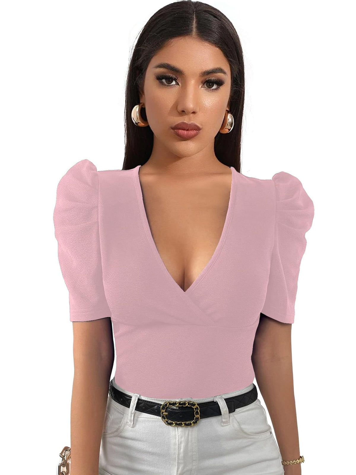 Shasmi Womens & Girls Peach Short Puff Sleeve, V-Neck, Ruched Bust Solid Tops for Women/Tops, T-Shirts for Girls (TOP 61 Peach