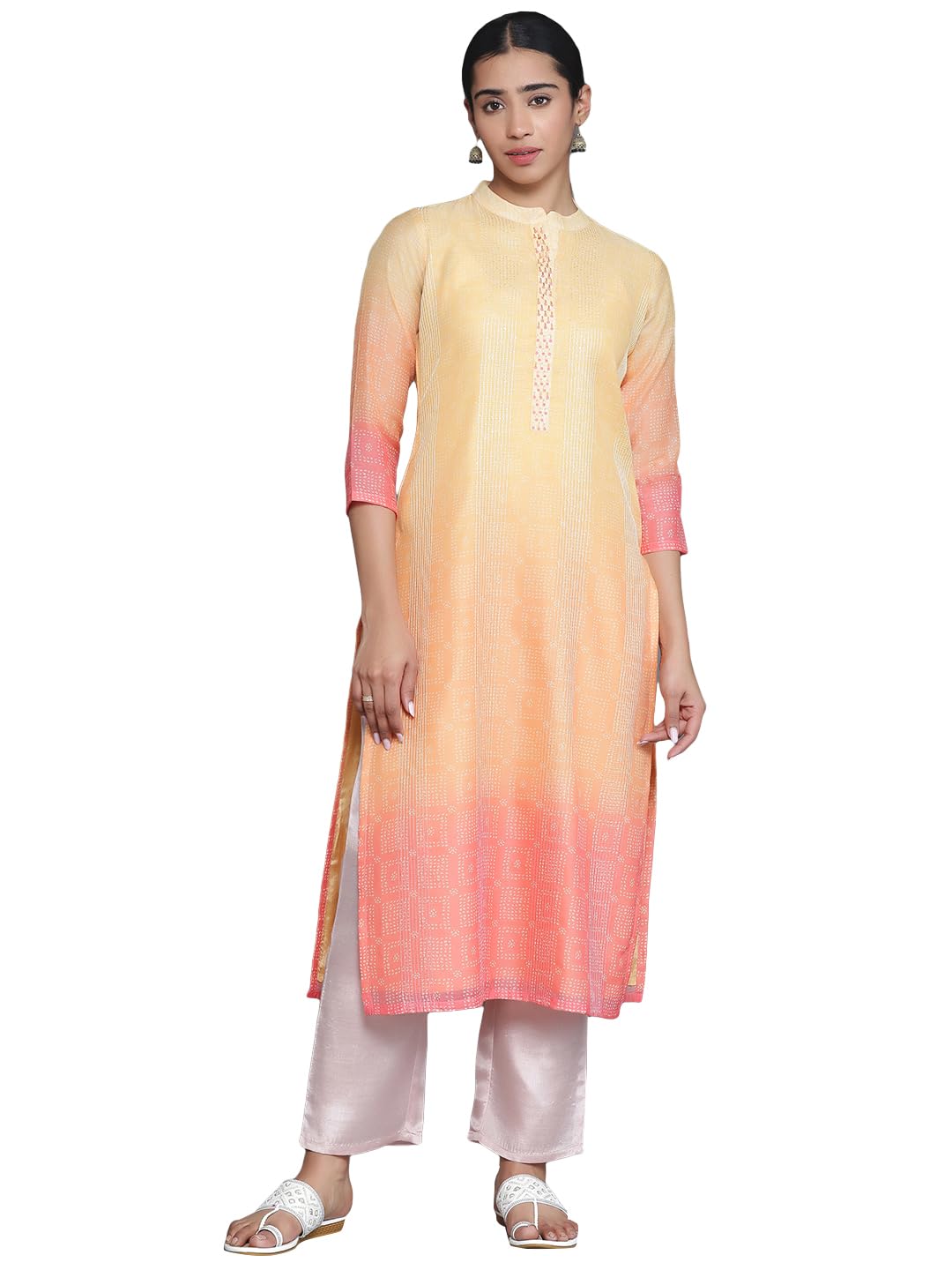 Libas Yellow Printed Chanderi Silk Straight Kurta