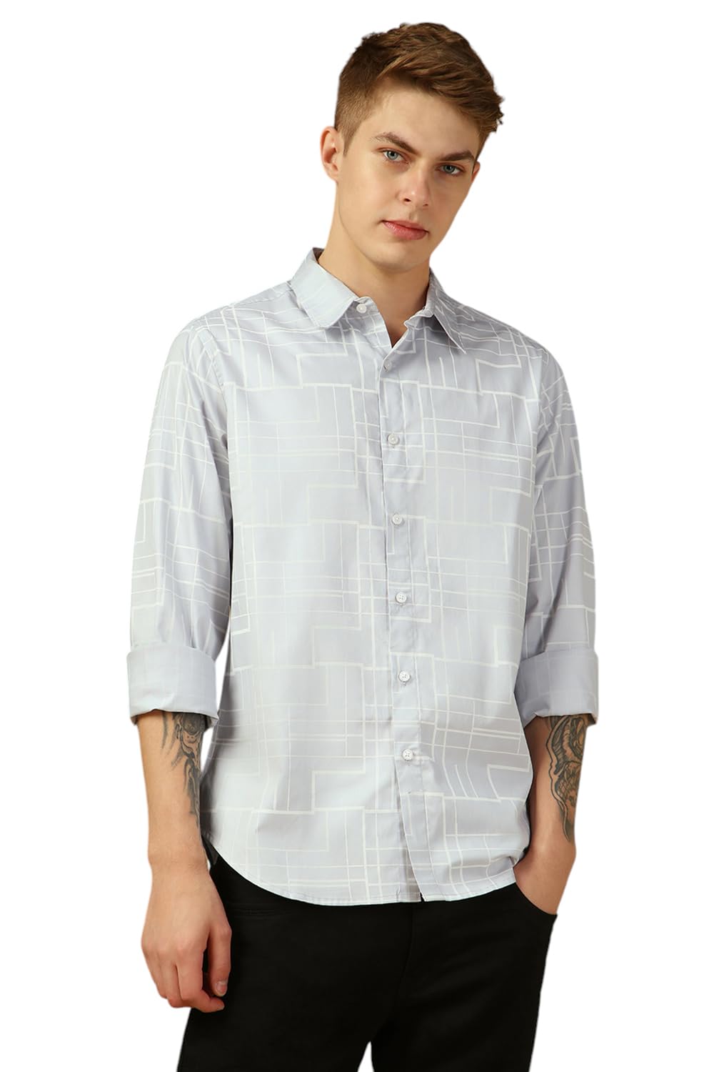 Dennis Lingo MenS Grey Full Sleeve Spread Collar Printed Regular Fit Casual Shirt