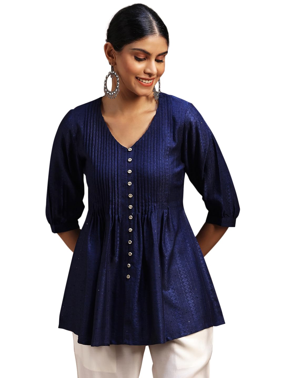 Libas WomenS Silk Blend Woven Design Regular Kurti (29103O Blue