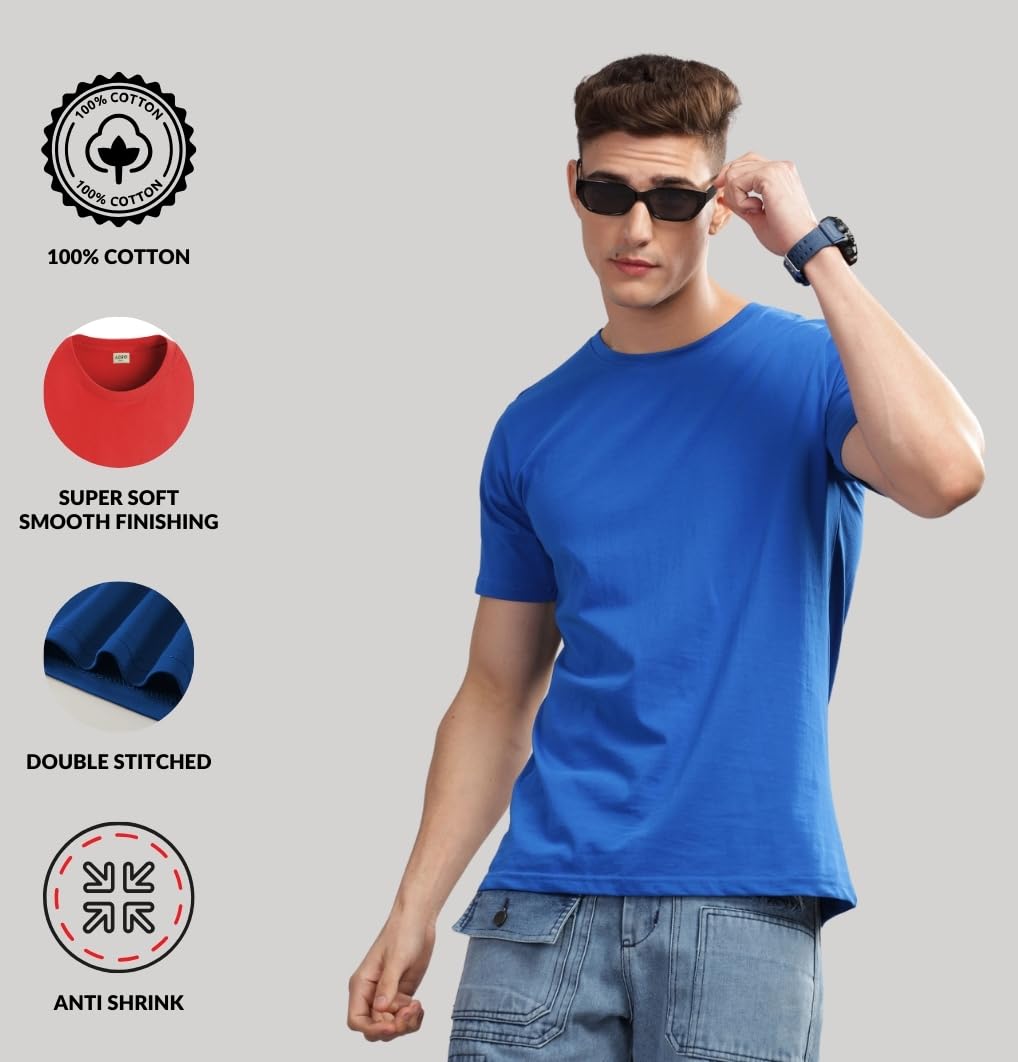 ADRO Men's Solid Regular Fit T-Shirt (RCM3-PLN-PU-RB-PT_Purple,Royal Blue,Pista