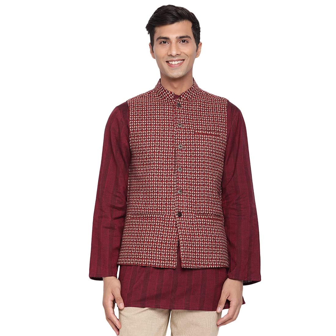 Fabindia Men's Brown Wool Woven Nehru Jacket (102719801