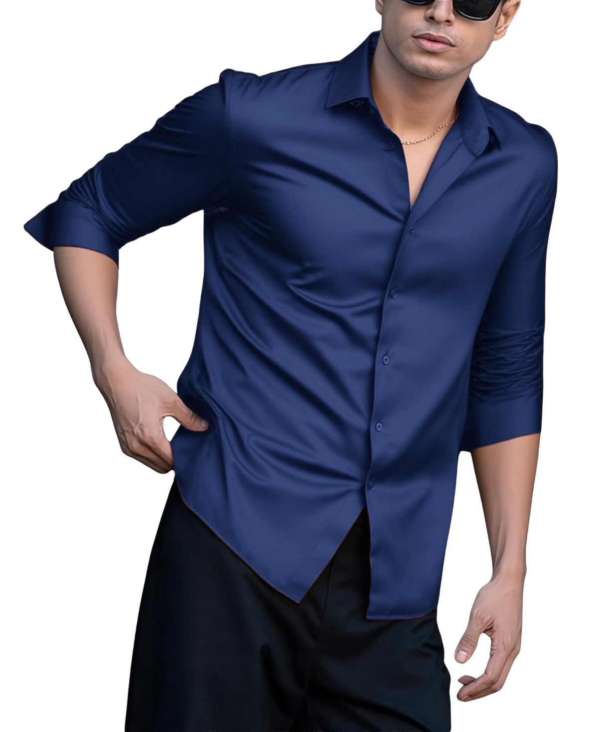 Indoprimo MenS Casual Button Down Long Sleeve Satin Plain Shirt Navy