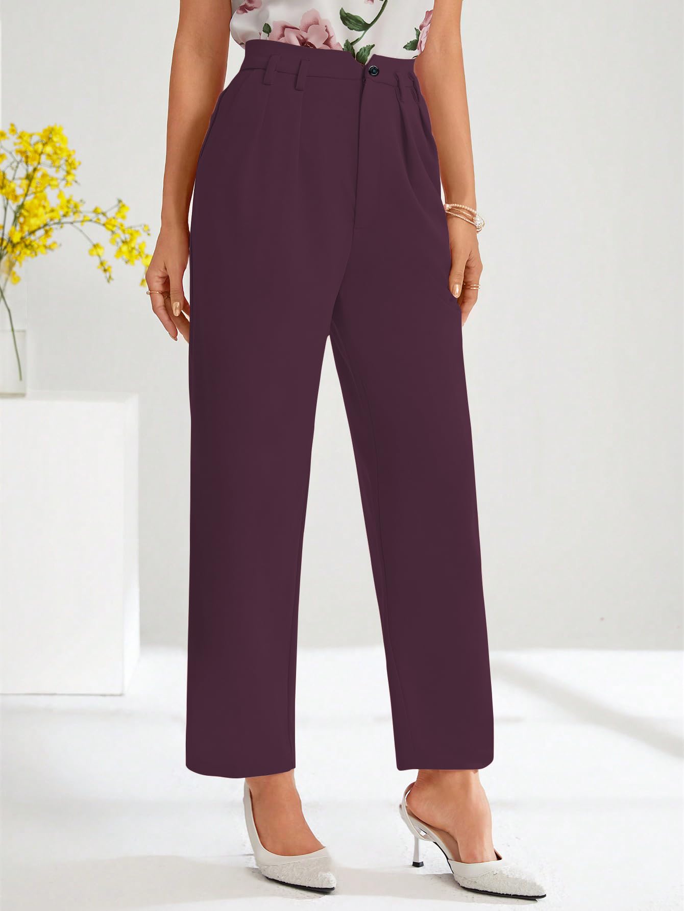 Shasmi Womens Wine High Waist Pleated Straight Leg Trousers Elegant Solid Color Work Pants with Pockets, Casual Office Wear Pol