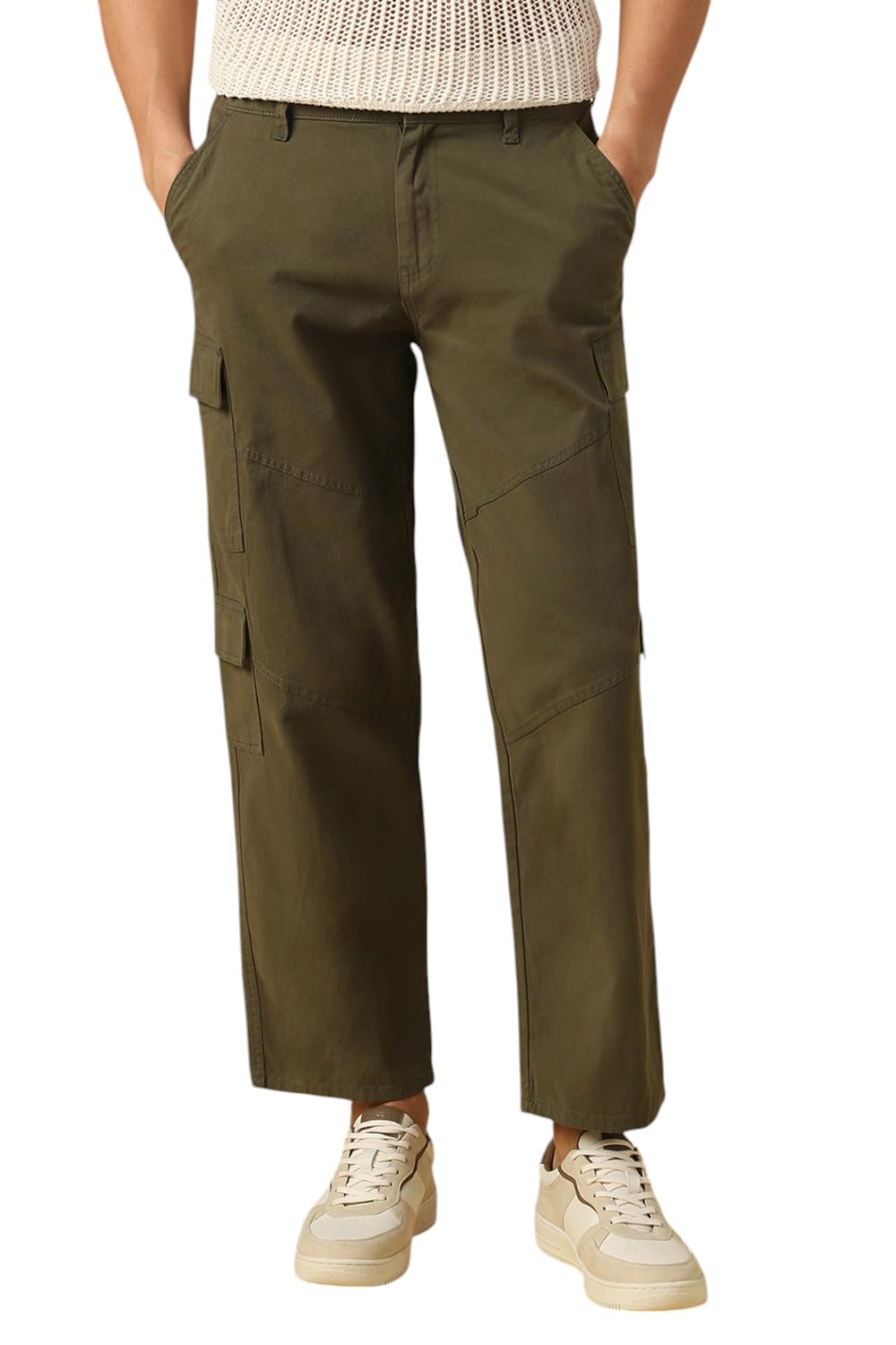 Dennis Lingo Mens Olive Solid Cotton Loose Fit Cargo Trouser