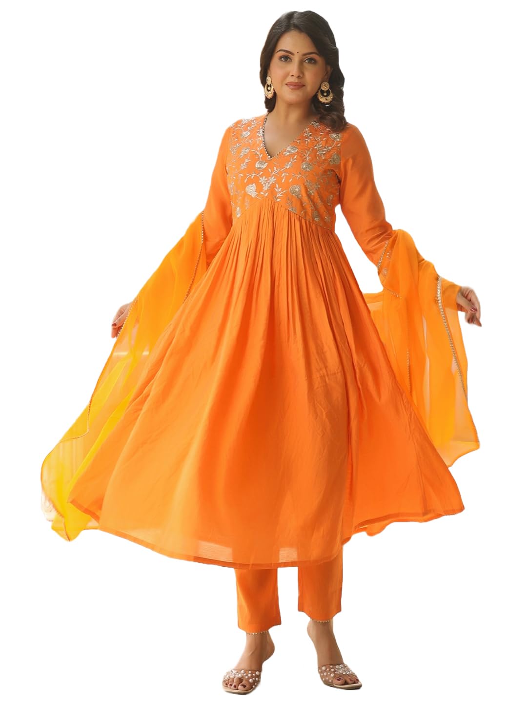 Gosriki WomenS Cotton Blend Anarkali Embroidered Kurta With Pant & Dupatta (Kanakam Orange-Vks01-Gs_Xxl_Orange_Xx-Large)