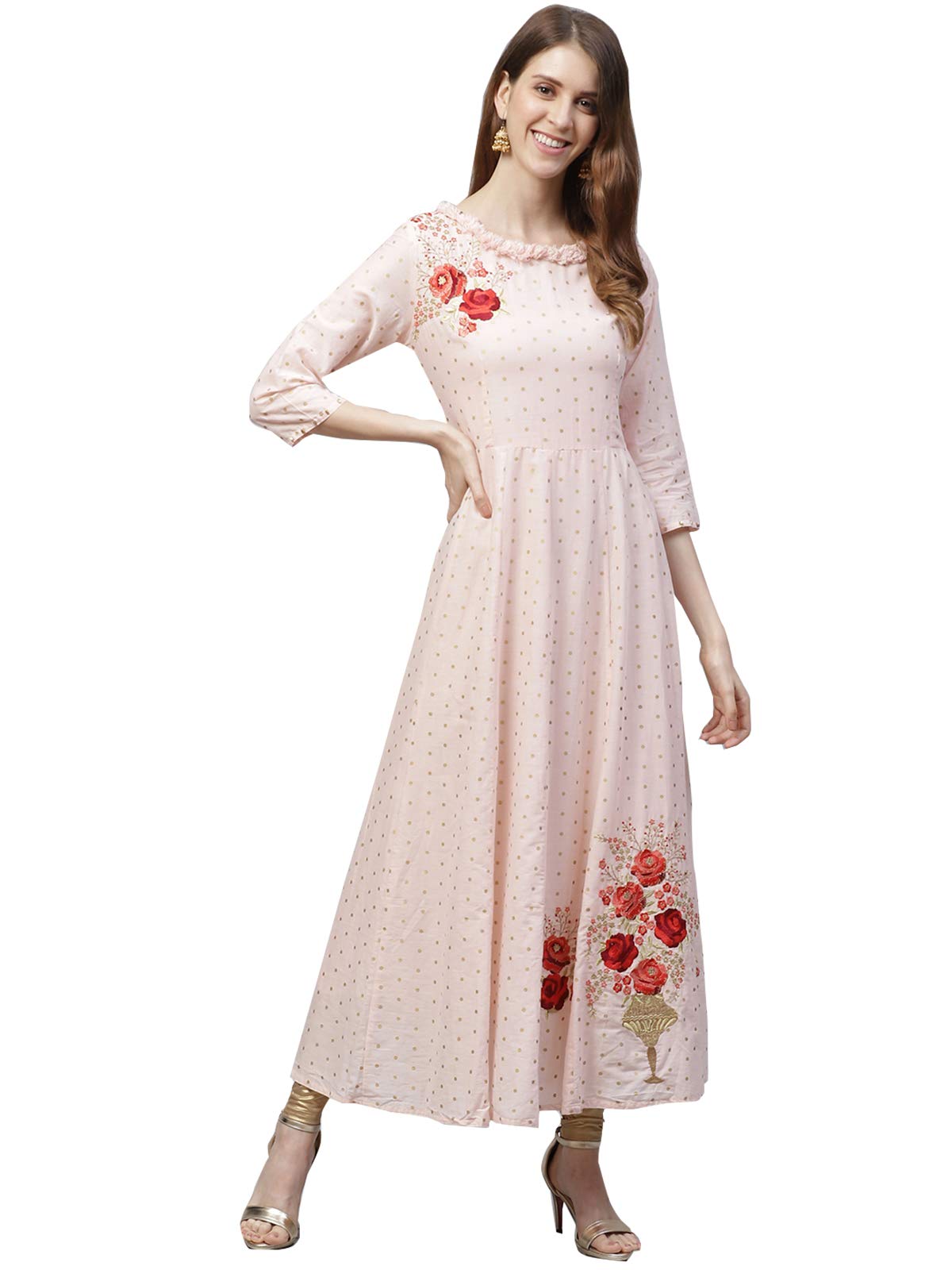 ishin Womens Cotton Anarkali Embroidered Thread Work Floral Print Peach Kurti