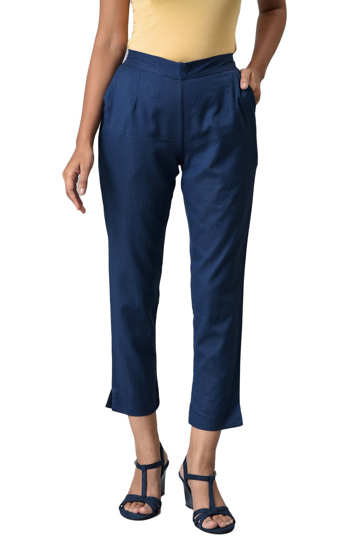 Aurelia Blue Cotton Blend Solid Regular Trousers